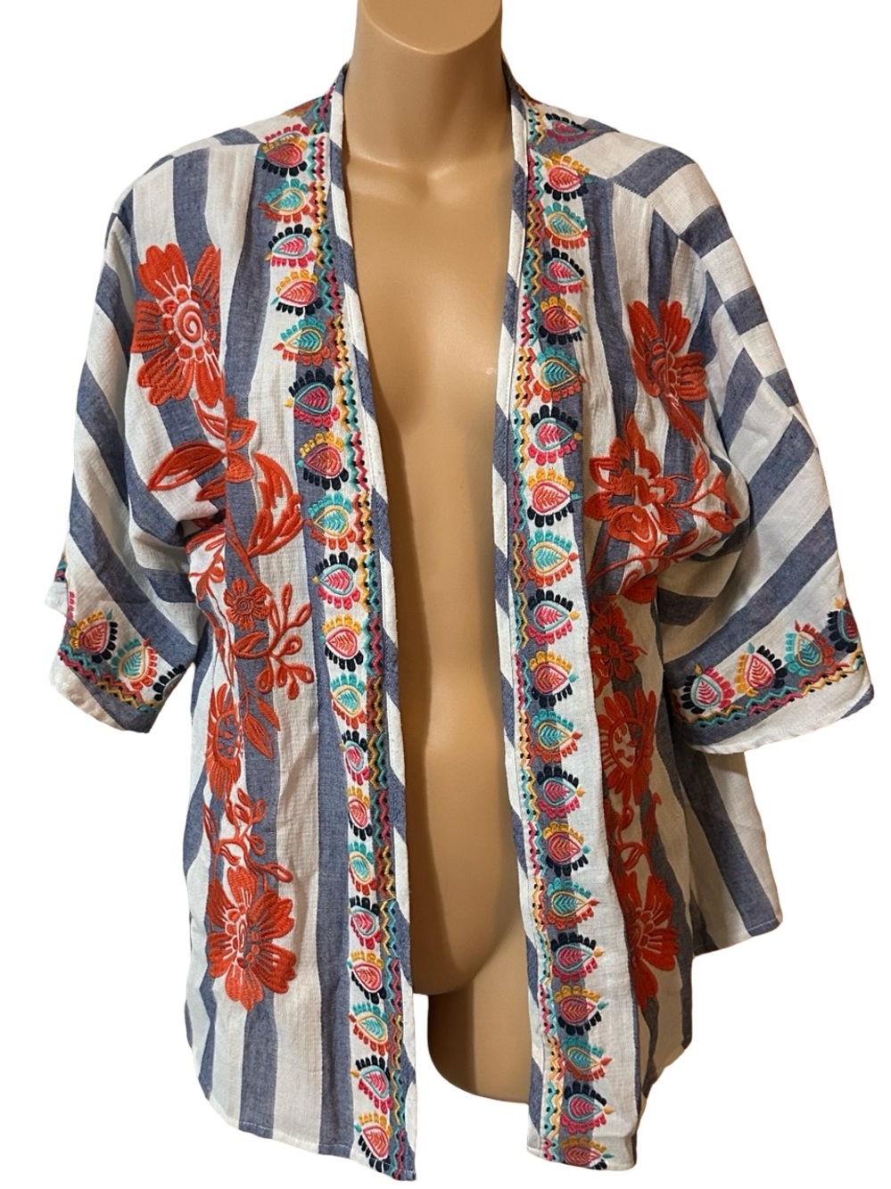 THML Small Blue White Striped Embroidered Kimono Cardigan Cotton Boho Festival
